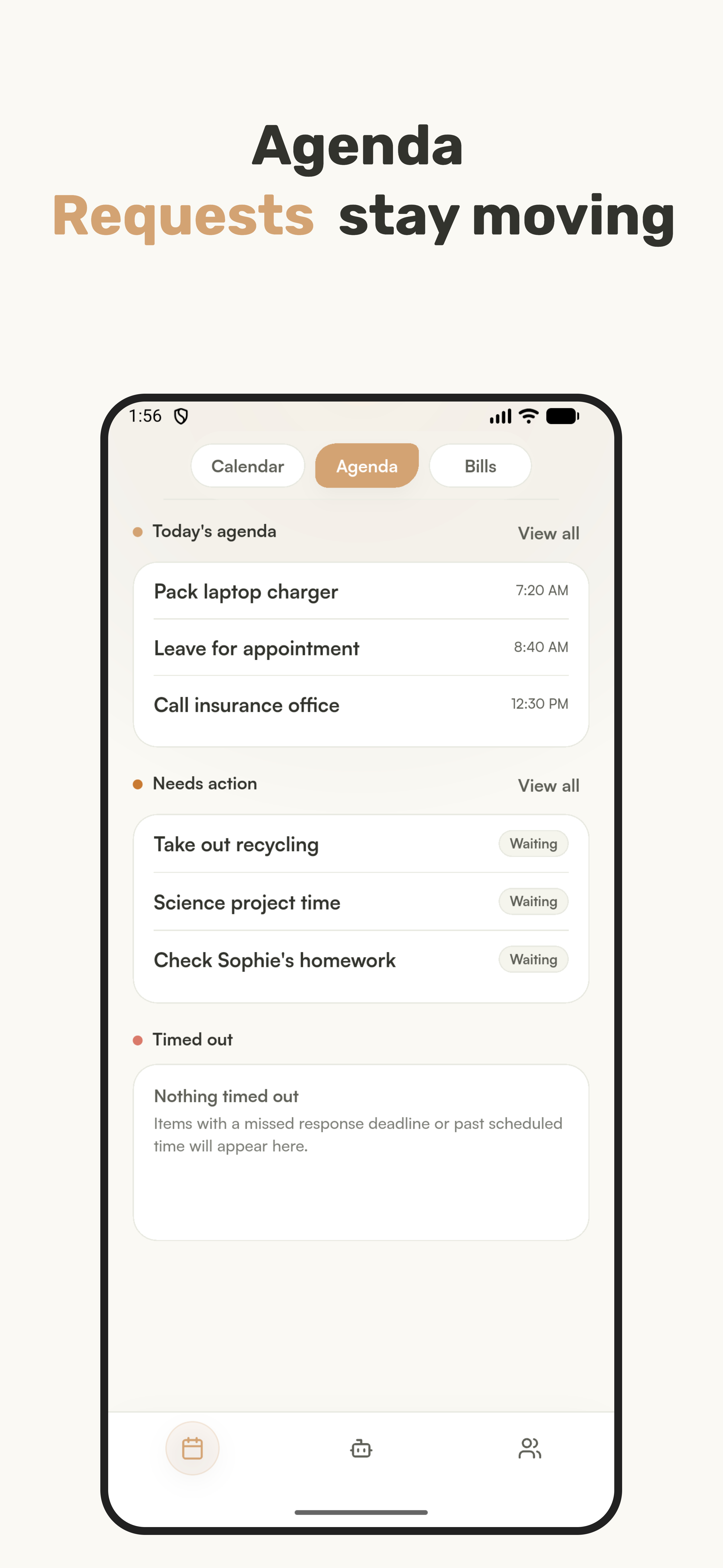 Oren Agenda screen with today's agenda and requests that need action