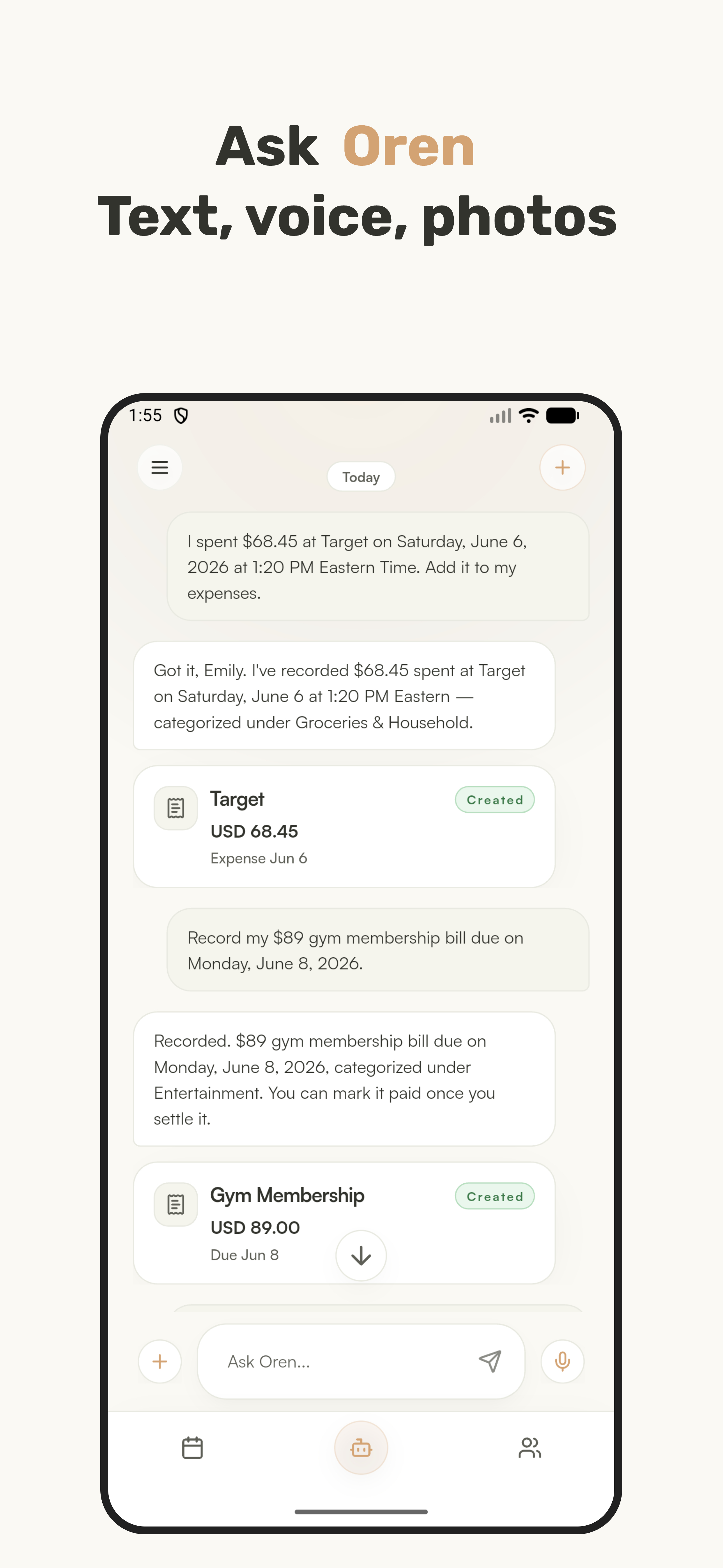 Oren Ask screen showing conversation-created expense and bill records