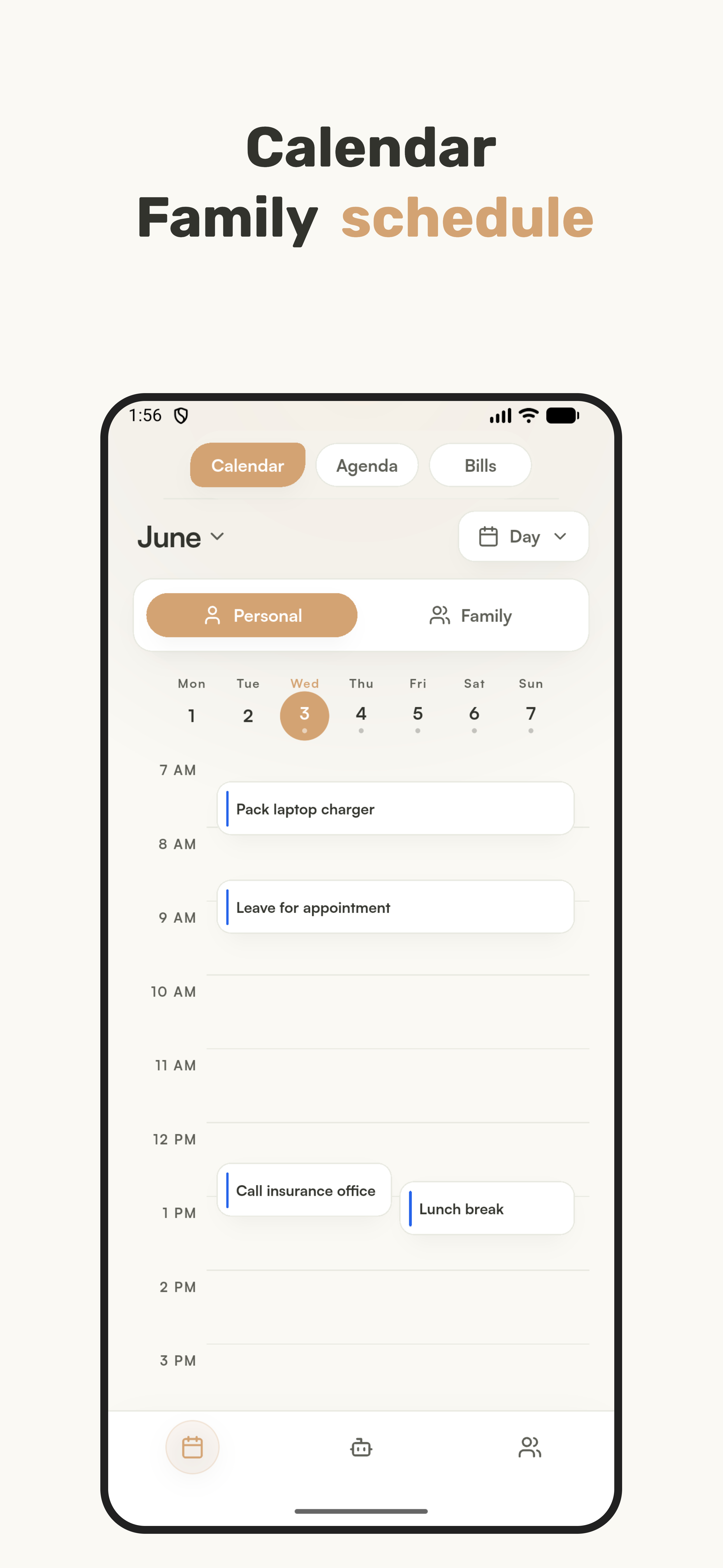 Oren Calendar screen with personal and family schedule views